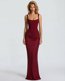 Women's Square-Neck Corset Maxi Evening Dress in Red