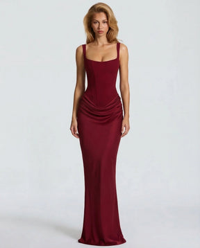Women's Square-Neck Corset Maxi Evening Dress in Red