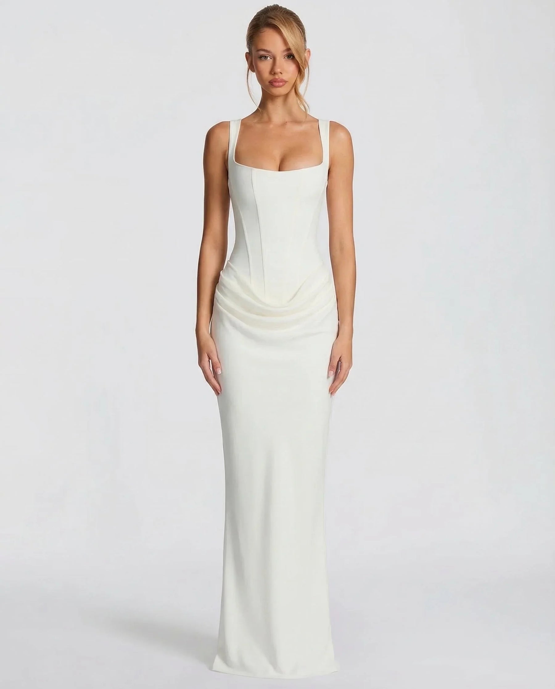 Women's Square-Neck Corset Maxi Evening Dress in White