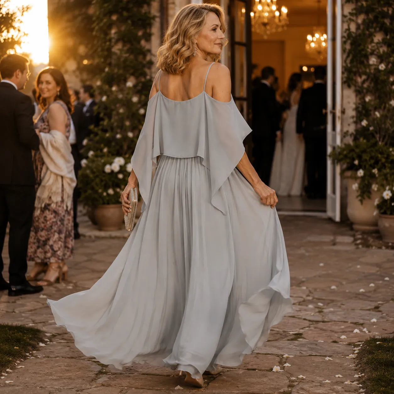 Women's Cold-Shoulder Draped Maxi Wedding Guest Dress