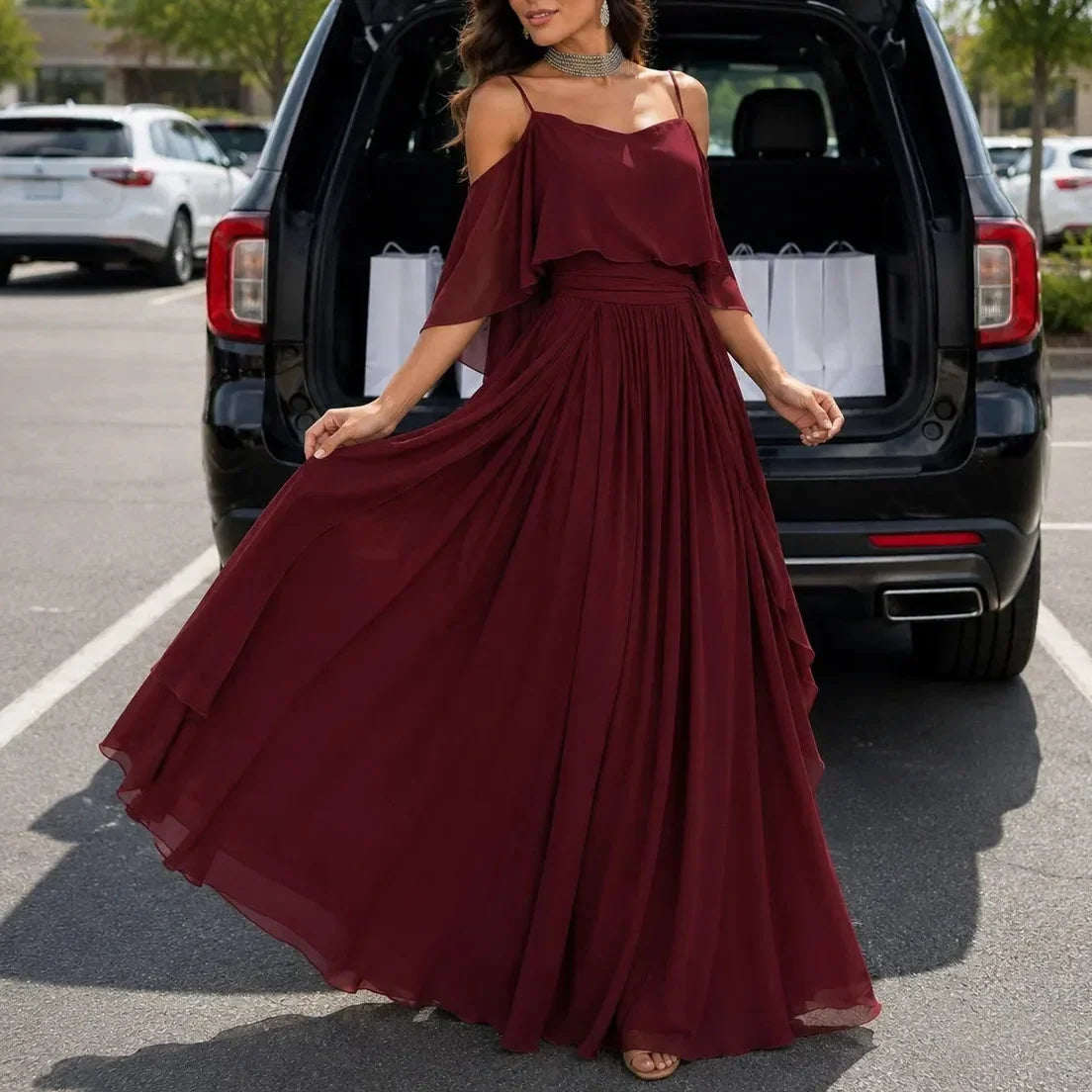 Women's Cold-Shoulder Draped Maxi Wedding Guest Dress in Burgundy