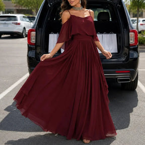 Women's Cold-Shoulder Draped Maxi Wedding Guest Dress in Burgundy