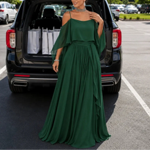 Women's Cold-Shoulder Draped Maxi Wedding Guest Dress in Dark Green