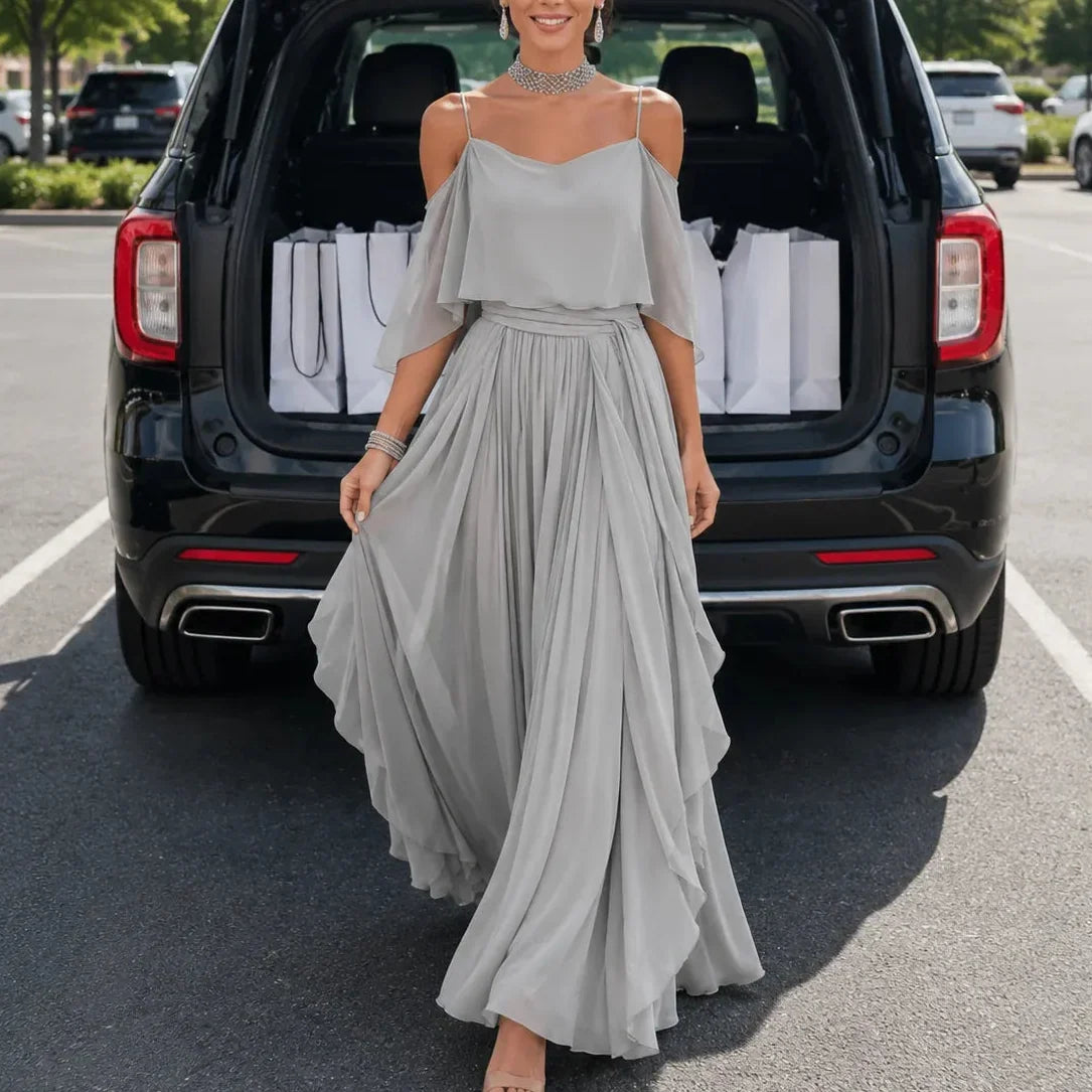 Women's Cold-Shoulder Draped Maxi Wedding Guest Dress in Light Gray