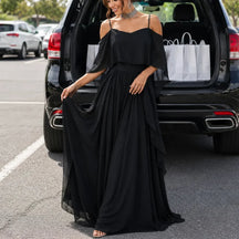 Women's Cold-Shoulder Draped Maxi Wedding Guest Dress in Black