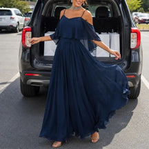 Women's Cold-Shoulder Draped Maxi Wedding Guest Dress in Navy Blue