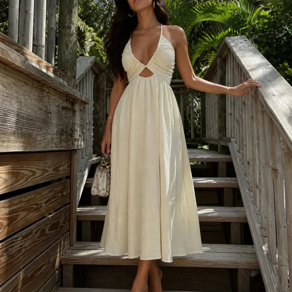 Women's Halter Cutout Party Dress with Open Back & Slit