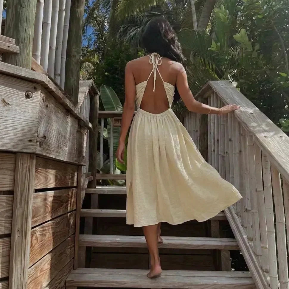 Women's Halter Cutout Party Dress with Open Back & Slit