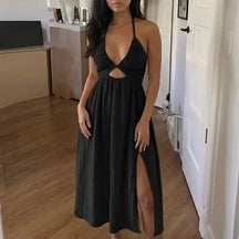 Women's Halter Cutout Party Dress with Open Back & Slit in Black