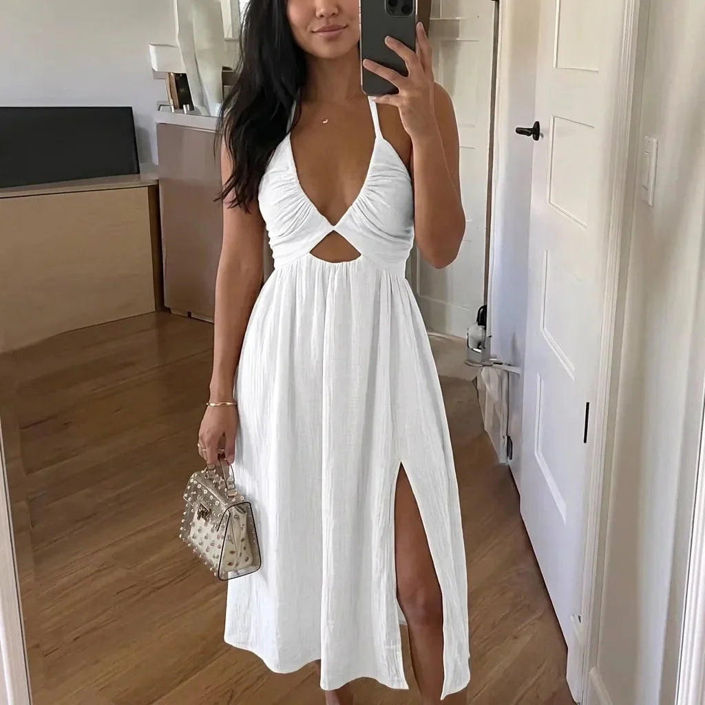 Women's Halter Cutout Party Dress with Open Back & Slit in White