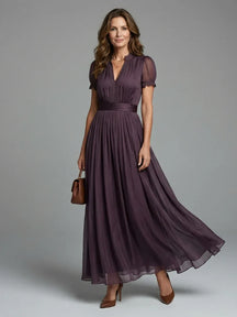 Women's V-Neck Pleated Maxi Wedding Guest Dress, Sheer Sleeves in Dark Purple