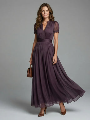 Women's V-Neck Pleated Maxi Wedding Guest Dress, Sheer Sleeves in Dark Purple