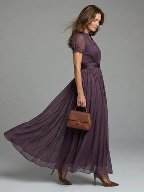 Women's V-Neck Pleated Maxi Wedding Guest Dress, Sheer Sleeves