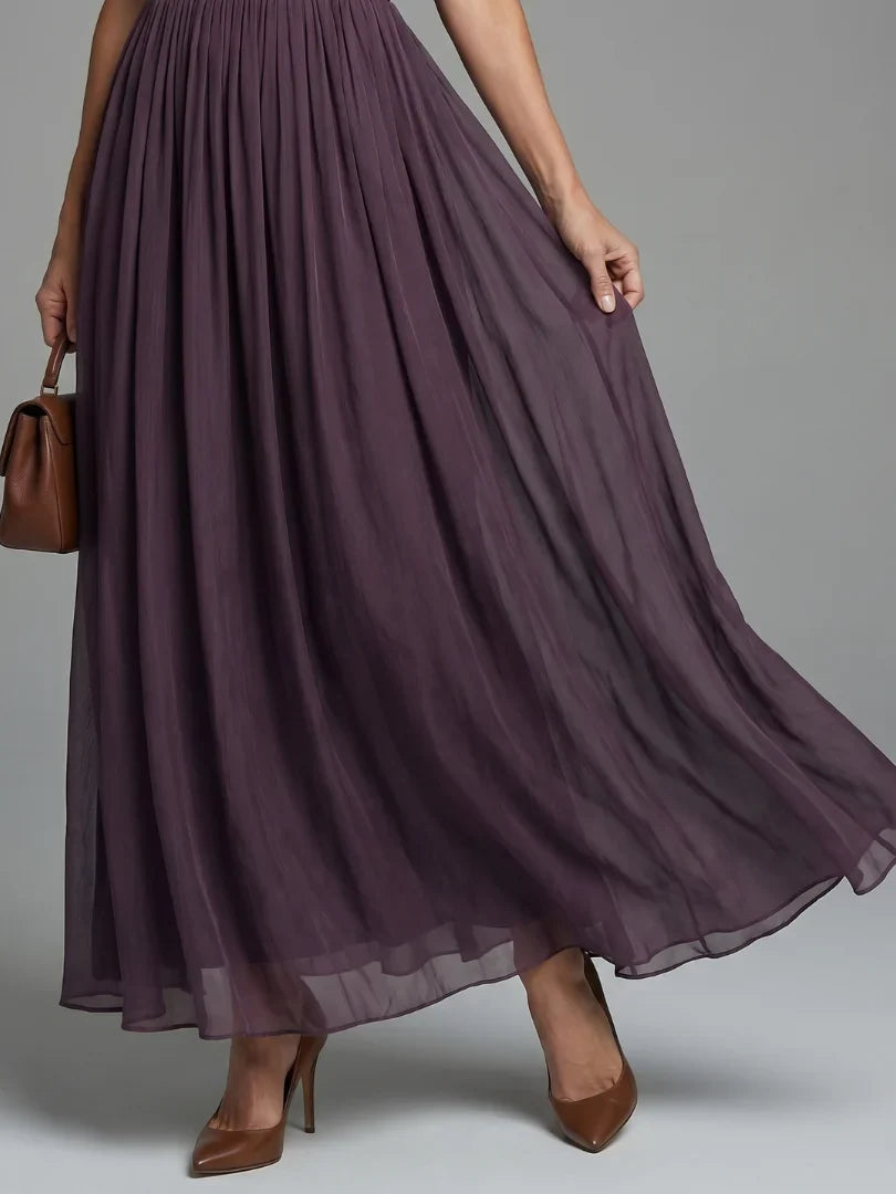 Women's V-Neck Pleated Maxi Wedding Guest Dress, Sheer Sleeves