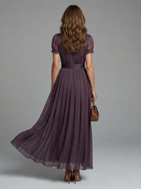 Women's V-Neck Pleated Maxi Wedding Guest Dress, Sheer Sleeves