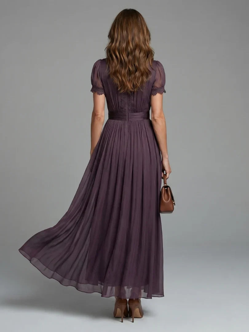 Women's V-Neck Pleated Maxi Wedding Guest Dress, Sheer Sleeves