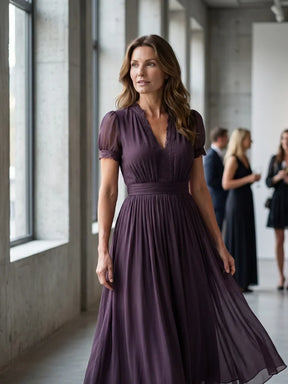 Women's V-Neck Pleated Maxi Wedding Guest Dress, Sheer Sleeves