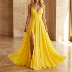 Women's Ruched Maxi Evening Dress with Slit & Open Back