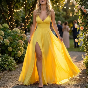 Women's Ruched Maxi Evening Dress with Slit & Open Back