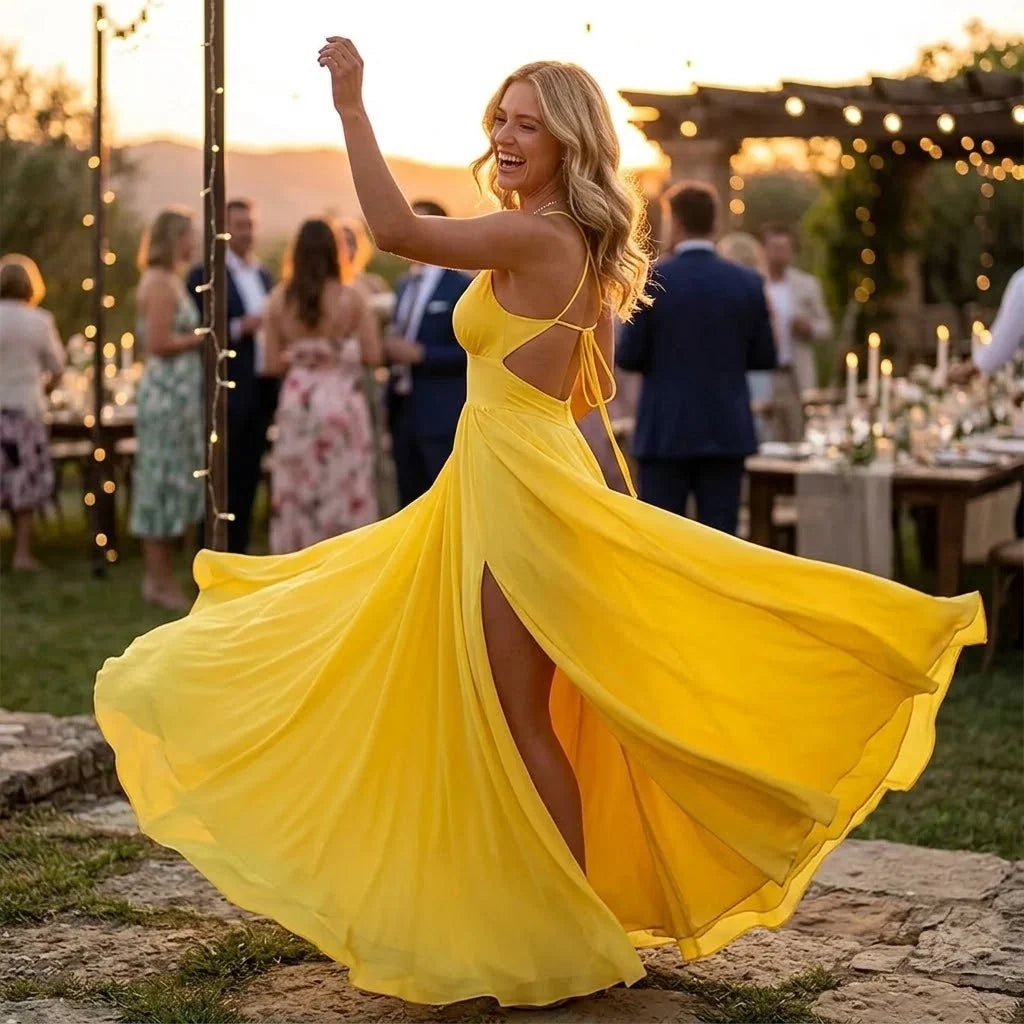 Women's Ruched Maxi Evening Dress with Slit & Open Back