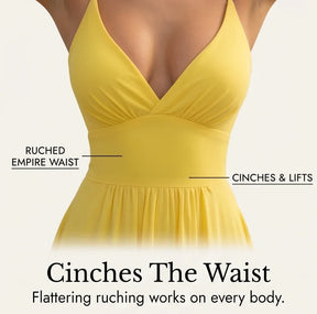 Women's Ruched Maxi Evening Dress with Slit & Open Back
