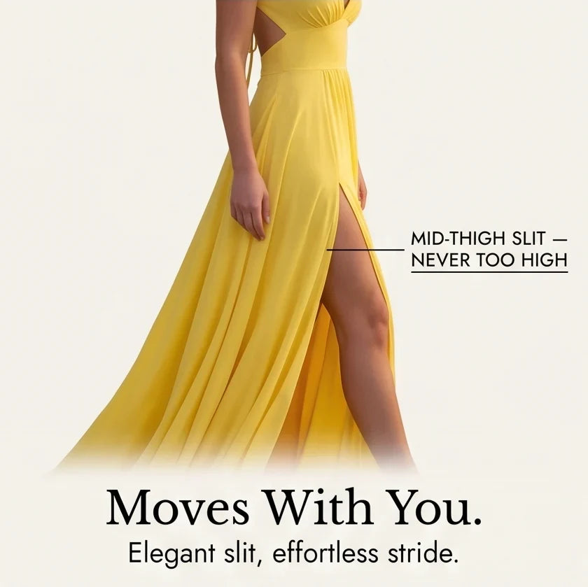 Women's Ruched Maxi Evening Dress with Slit & Open Back