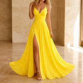 Women's Ruched Maxi Evening Dress with Slit & Open Back in Lemon Yellow