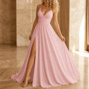 Women's Ruched Maxi Evening Dress with Slit & Open Back in Soft Pink
