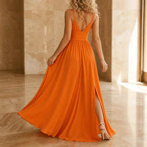Women's Ruched Maxi Evening Dress with Slit & Open Back in Orange