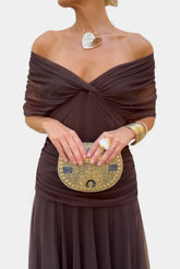 Women's Off-Shoulder Chiffon Maxi Wedding Guest Dress in Brown