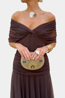 Women's Off-Shoulder Chiffon Maxi Wedding Guest Dress in Brown