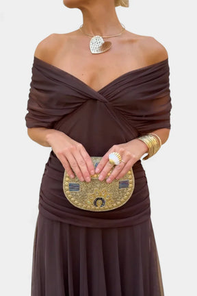 Women's Off-Shoulder Chiffon Maxi Wedding Guest Dress in Brown