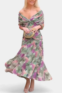 Women's Off-Shoulder Chiffon Maxi Wedding Guest Dress in Green and Lilac