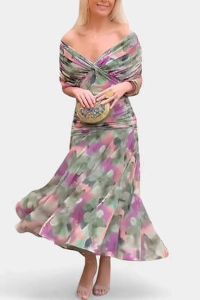 Women's Off-Shoulder Chiffon Maxi Wedding Guest Dress in Green and Lilac