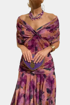Women's Off-Shoulder Chiffon Maxi Wedding Guest Dress in Lilac
