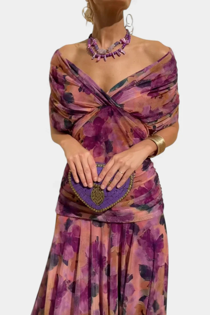 Women's Off-Shoulder Chiffon Maxi Wedding Guest Dress in Lilac