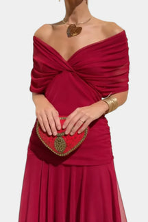Women's Off-Shoulder Chiffon Maxi Wedding Guest Dress in Red