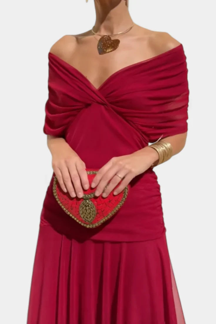 Women's Off-Shoulder Chiffon Maxi Wedding Guest Dress in Red