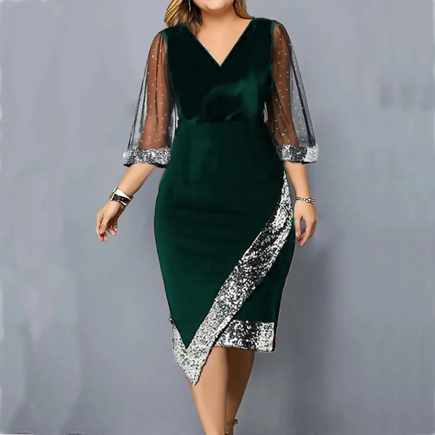 Women's Plus Size Sequin-Trim Midi Party Dress, Mesh Sleeves in Green
