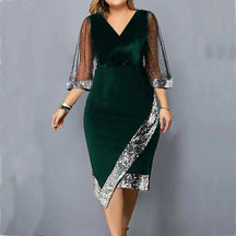 Women's Plus Size Sequin-Trim Midi Party Dress, Mesh Sleeves in Green