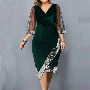Women's Plus Size Sequin-Trim Midi Party Dress, Mesh Sleeves in Green