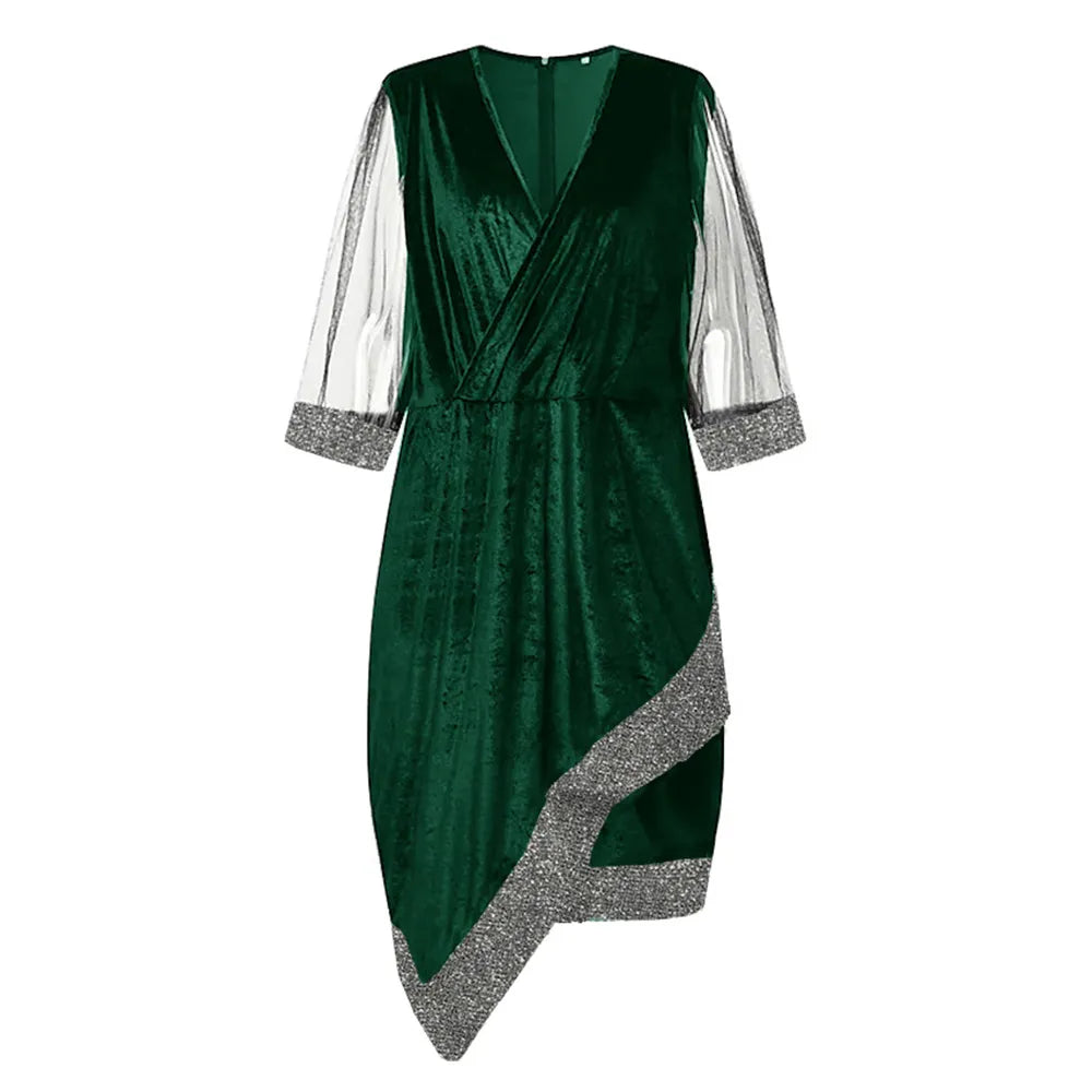 Women's Plus Size Sequin-Trim Midi Party Dress, Mesh Sleeves
