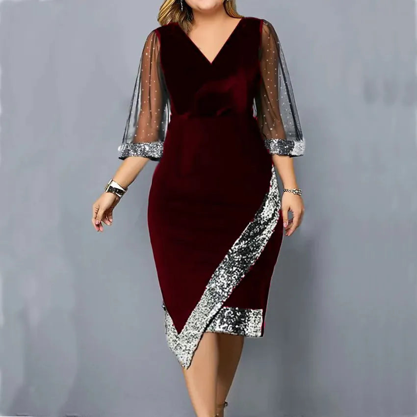 Women's Plus Size Sequin-Trim Midi Party Dress, Mesh Sleeves in Burgundy