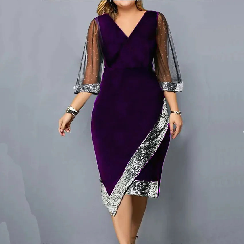 Women's Plus Size Sequin-Trim Midi Party Dress, Mesh Sleeves in Purple