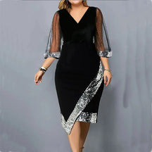 Women's Plus Size Sequin-Trim Midi Party Dress, Mesh Sleeves in Black