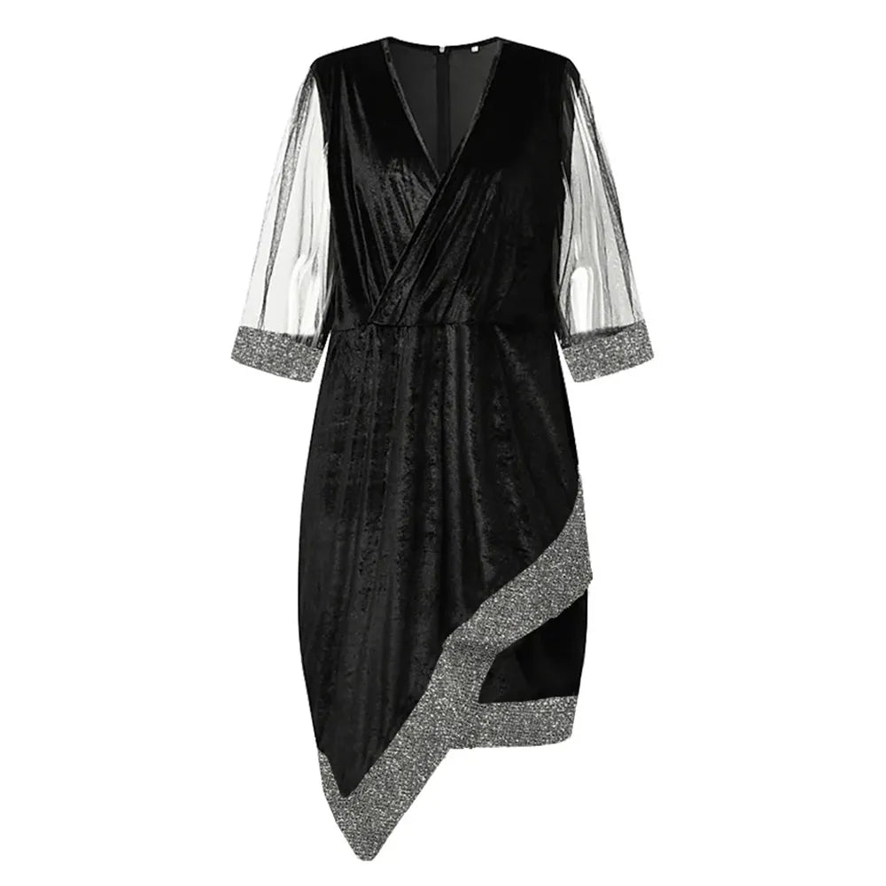 Women's Plus Size Sequin-Trim Midi Party Dress, Mesh Sleeves