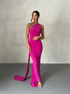 Women's Backless Halter Maxi Evening Dress with Ruching in Pink
