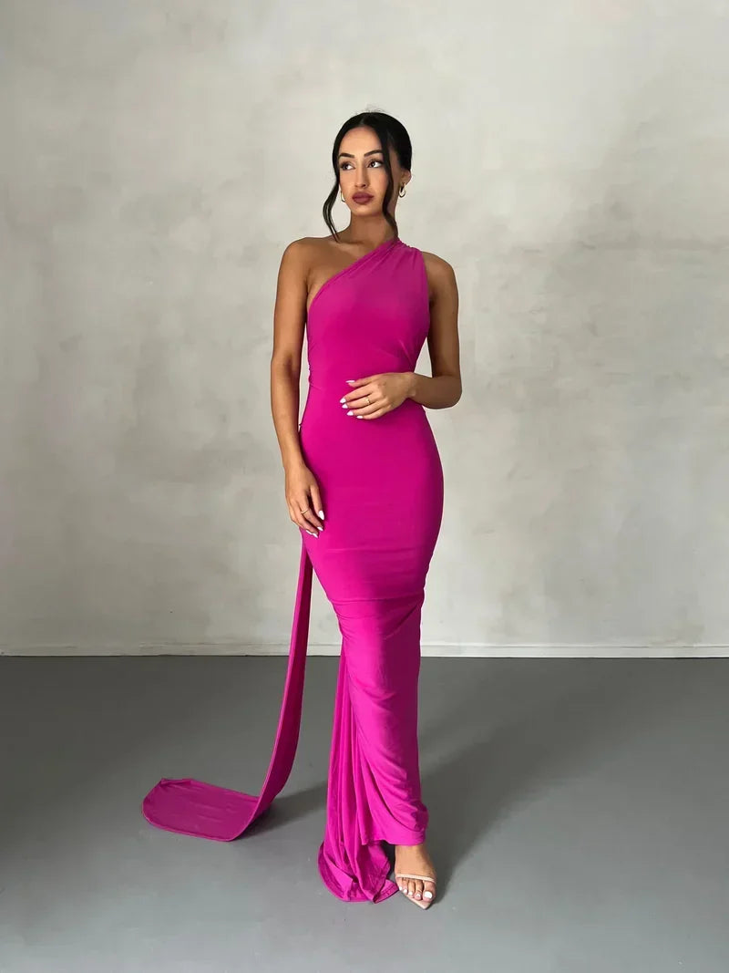 Women's Backless Halter Maxi Evening Dress with Ruching in Pink