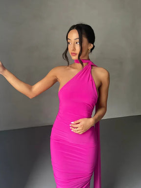 Women's Backless Halter Maxi Evening Dress with Ruching