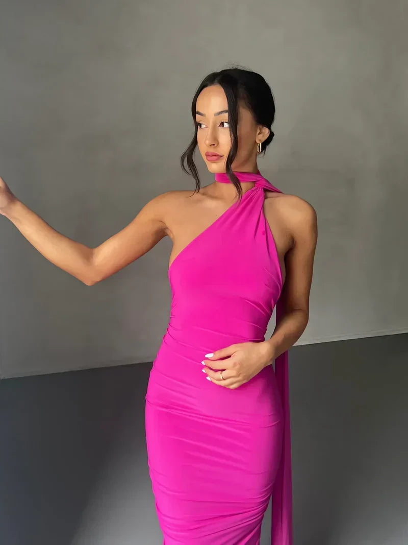 Women's Backless Halter Maxi Evening Dress with Ruching